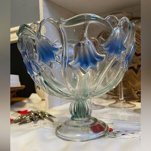 Vintage Mikasa Bluebells Green Blue Round Pedestal Compote Bowl